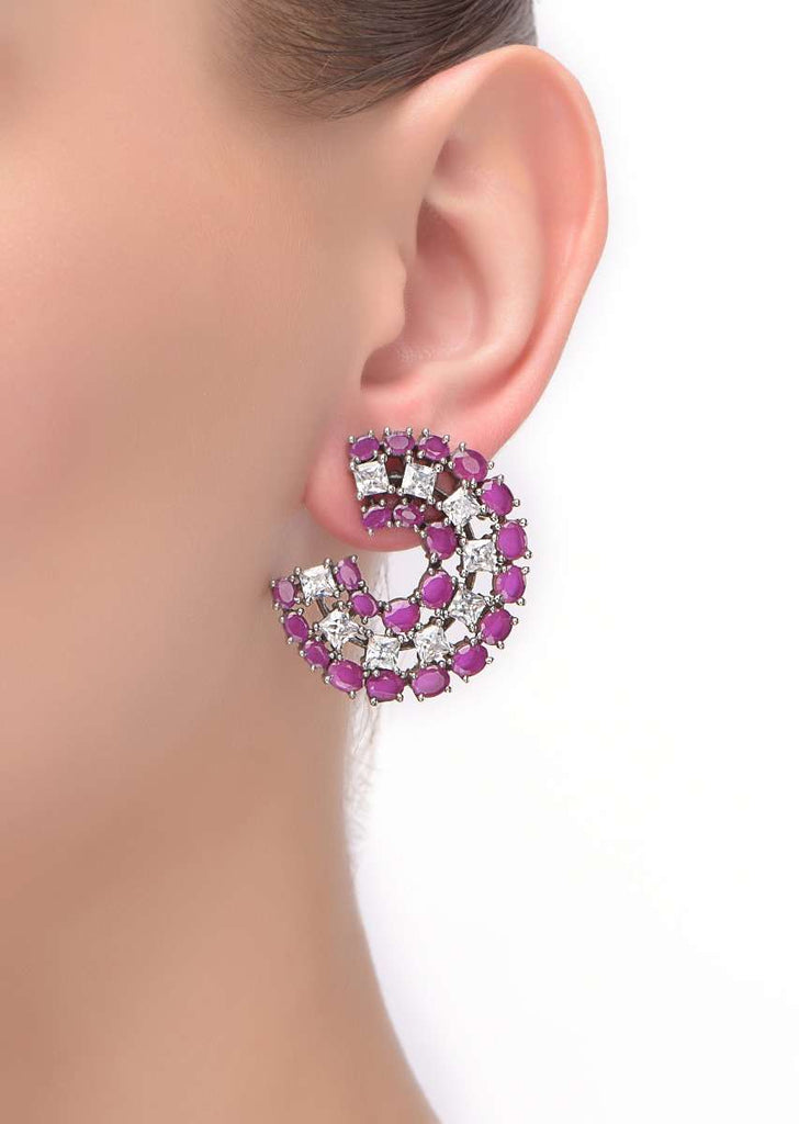 Eggplant Purple Crescent Stud Earrings Embellished With Stones And Crystals Online - Kalki Fashion
