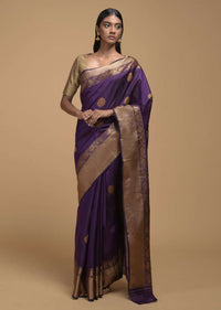 Eggplant Purple Pure Handloom Saree In Tussar Silk With Woven Floral Buttis Online - Kalki Fashion