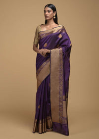 Eggplant Purple Pure Handloom Saree In Tussar Silk With Woven Floral Buttis Online - Kalki Fashion