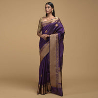 Eggplant Purple Pure Handloom Saree In Tussar Silk With Woven Floral Buttis Online - Kalki Fashion