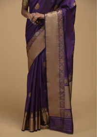 Eggplant Purple Pure Handloom Saree In Tussar Silk With Woven Floral Buttis Online - Kalki Fashion