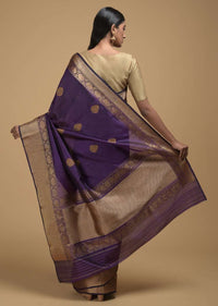 Eggplant Purple Pure Handloom Saree In Tussar Silk With Woven Floral Buttis Online - Kalki Fashion