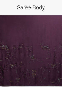 Raisin Purple Saree In Satin With Kundan In Leaves And Floral Motifs Online - Kalki Fashion