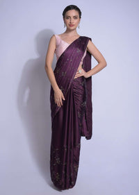 Raisin Purple Saree In Satin With Kundan In Leaves And Floral Motifs Online - Kalki Fashion