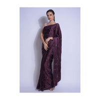 Raisin Purple Saree In Satin With Kundan In Leaves And Floral Motifs Online - Kalki Fashion