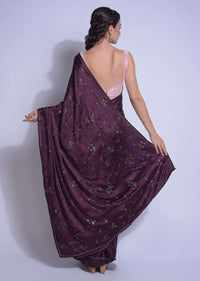 Raisin Purple Saree In Satin With Kundan In Leaves And Floral Motifs Online - Kalki Fashion