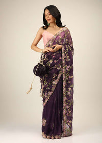 Eggplant Purple Saree In Organza With Multi Color Resham Embroidered Floral Motifs Along With Moti And Cut Dana Accents