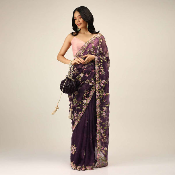 Eggplant Purple Saree In Organza With Multi Color Resham Embroidered Floral Motifs Along With Moti And Cut Dana Accents