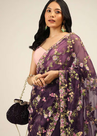 Eggplant Purple Saree In Organza With Multi Color Resham Embroidered Floral Motifs Along With Moti And Cut Dana Accents