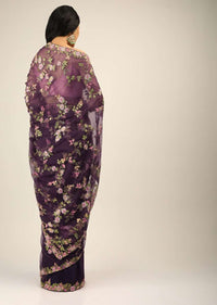 Eggplant Purple Saree In Organza With Multi Color Resham Embroidered Floral Motifs Along With Moti And Cut Dana Accents