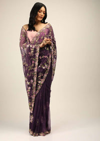 Eggplant Purple Saree In Organza With Multi Color Resham Embroidered Floral Motifs Along With Moti And Cut Dana Accents