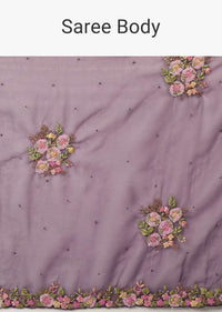 Eggplant Purple Saree In Organza With Multi Color Resham Embroidered Floral Motifs Along With Moti And Cut Dana Accents