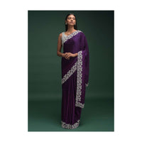 Eggplant Purple Saree In Satin Blend With Zardozi And Stone Work In Contemporary Border Design Online - Kalki Fashion