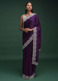 Eggplant Purple Saree In Satin Blend With Zardozi And Stone Work In Contemporary Border Design Online - Kalki Fashion