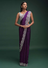 Eggplant Purple Saree In Satin Blend With Zardozi And Stone Work In Contemporary Border Design Online - Kalki Fashion