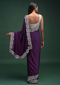 Eggplant Purple Saree In Satin Blend With Zardozi And Stone Work In Contemporary Border Design Online - Kalki Fashion