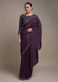 Eggplant Purple Saree In Silk Blend Trimmed With Cut Dana Fringes On The Border Online - Kalki Fashion