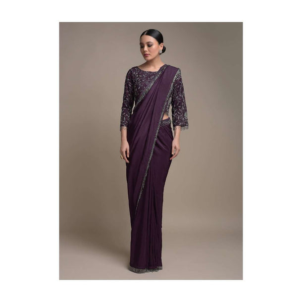 Eggplant Purple Saree In Silk Blend Trimmed With Cut Dana Fringes On The Border Online - Kalki Fashion