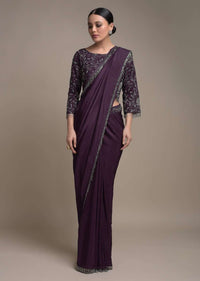 Eggplant Purple Saree In Silk Blend Trimmed With Cut Dana Fringes On The Border Online - Kalki Fashion