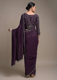 Eggplant Purple Saree In Silk Blend Trimmed With Cut Dana Fringes On The Border Online - Kalki Fashion