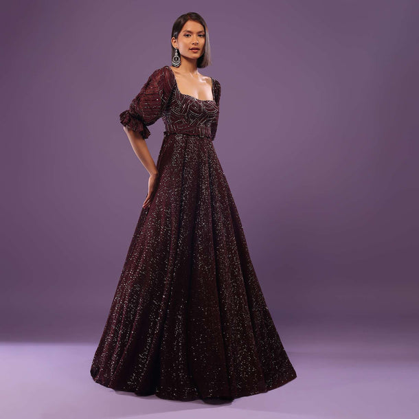 Wine Purple Embroidered Gown In Sequins
