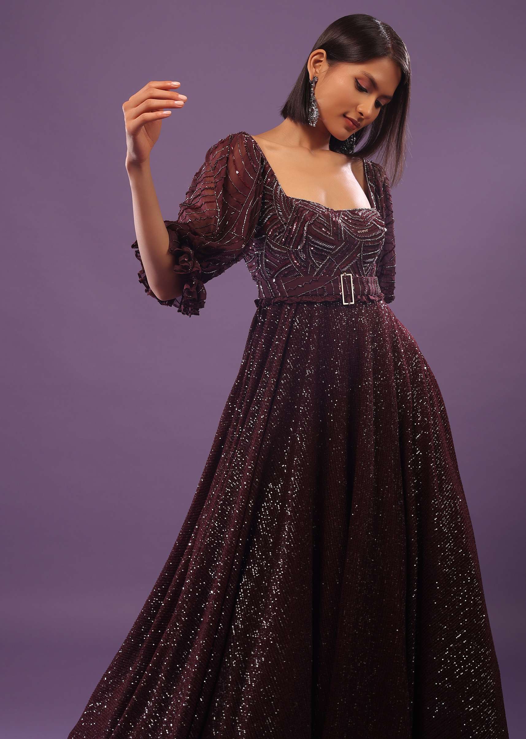 Wine Purple Embroidered Gown In Sequins