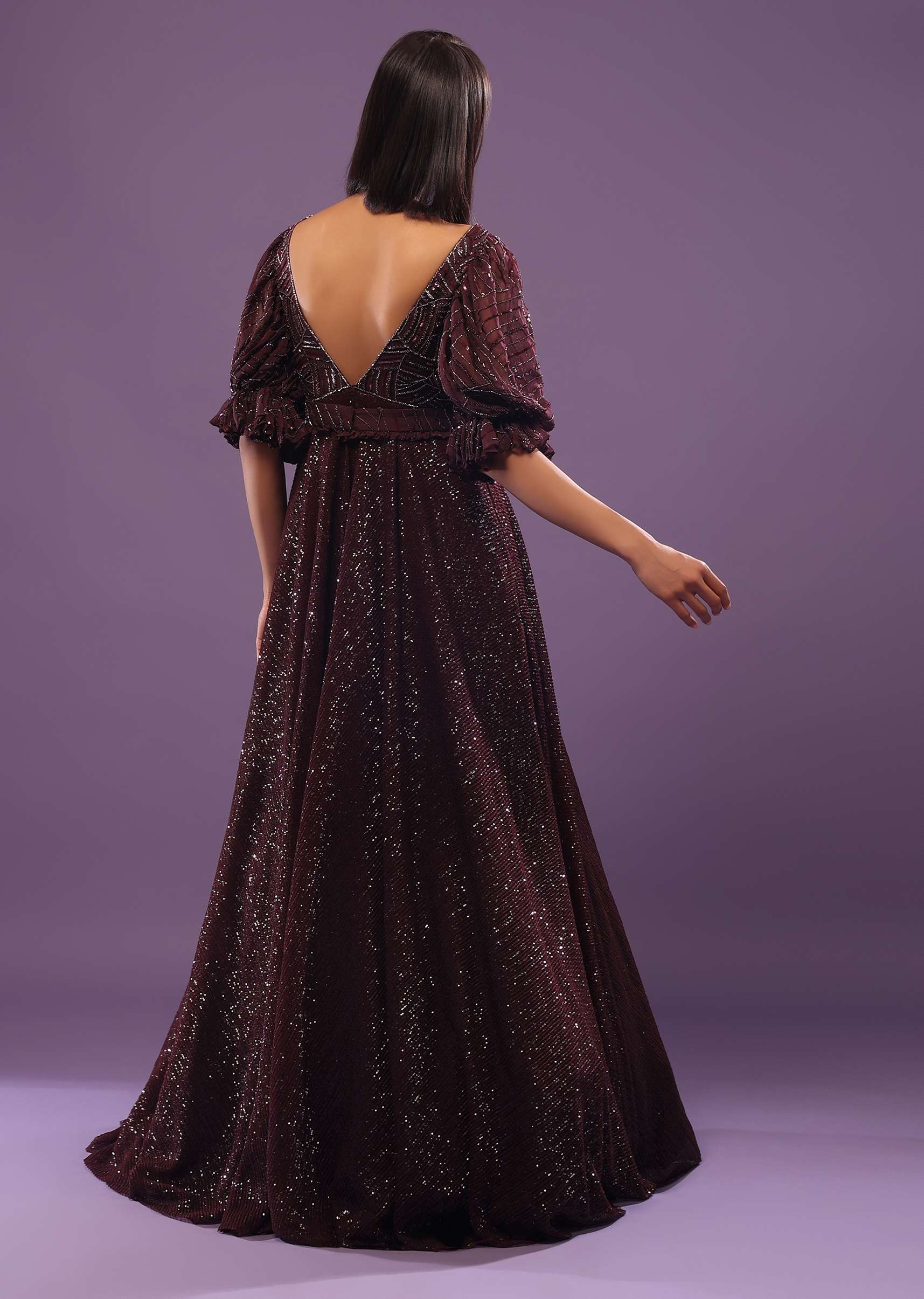 Wine Purple Embroidered Gown In Sequins