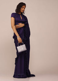 Eggplant Violet Saree With Fancy Sleeve Blouse In Satin