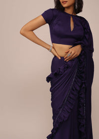 Eggplant Violet Saree With Fancy Sleeve Blouse In Satin