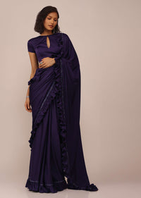 Eggplant Violet Saree With Fancy Sleeve Blouse In Satin