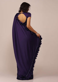 Eggplant Violet Saree With Fancy Sleeve Blouse In Satin