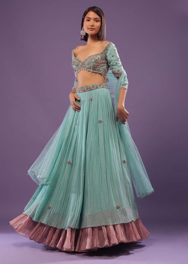 Sky Blue Embroidered Lehenga In Georgette