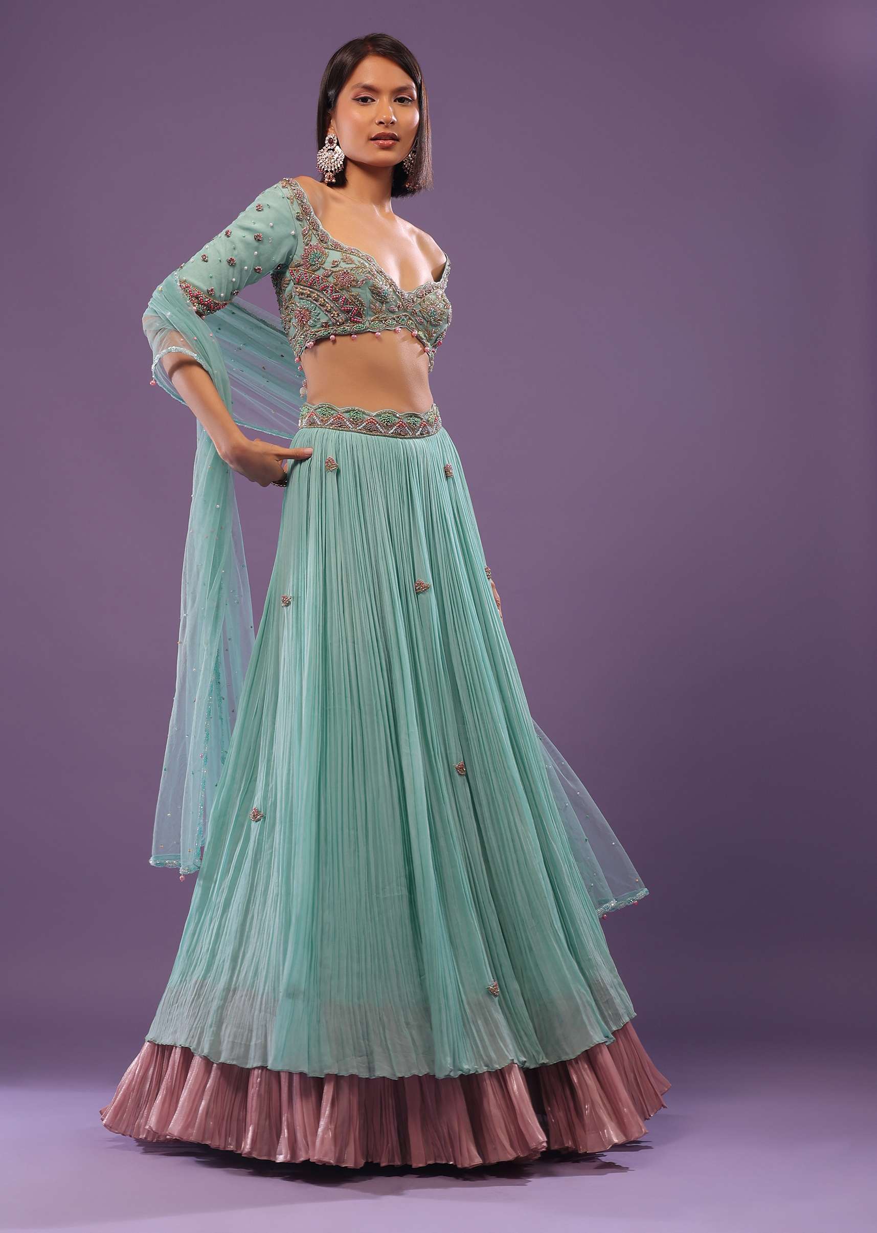 Sky Blue Embroidered Lehenga In Georgette