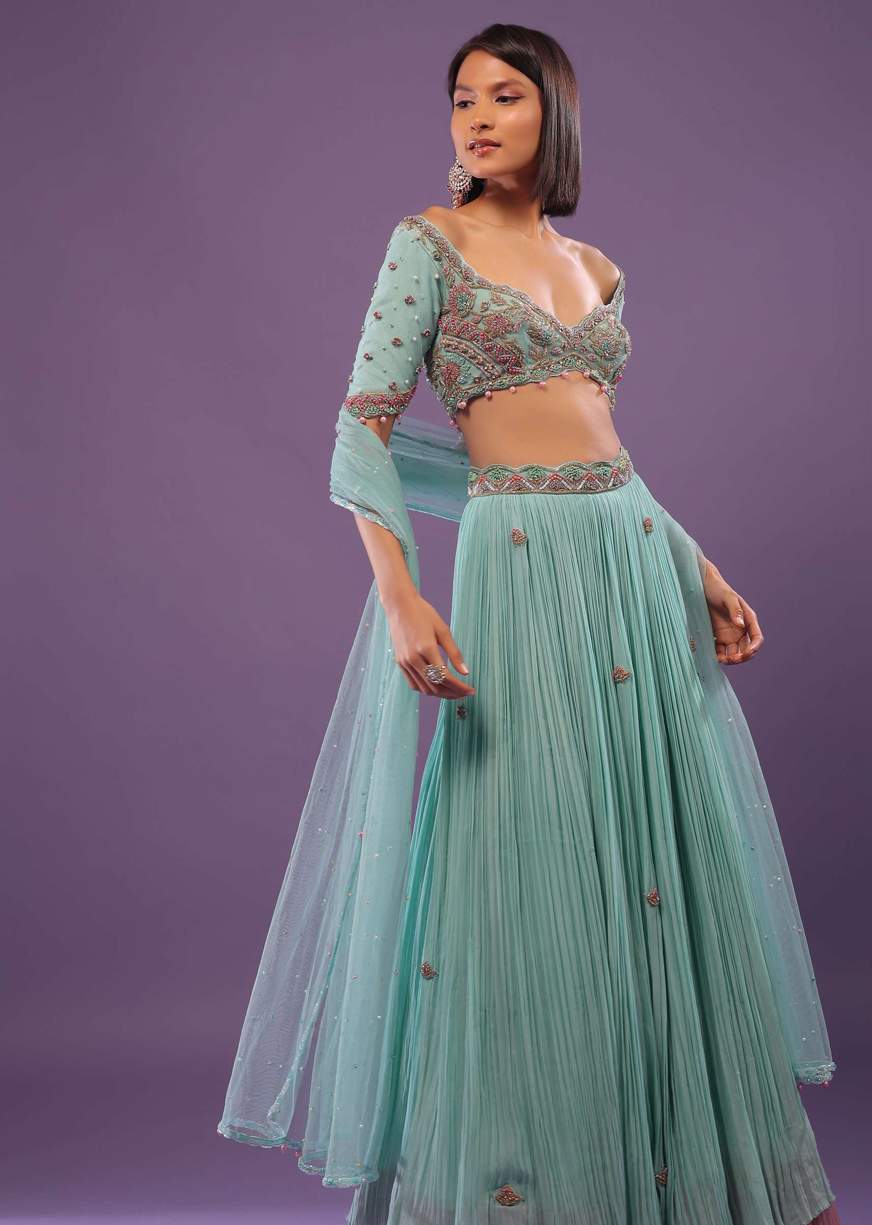 Sky Blue Embroidered Lehenga In Georgette