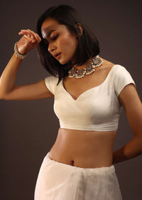 Egret White Cap Sleeves Blouse With A Sweetheart Neckline