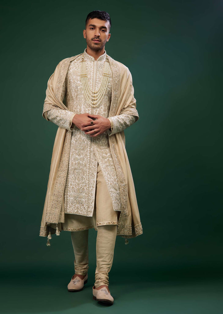 Beige White Embroidered Raw Silk Sherwani Set