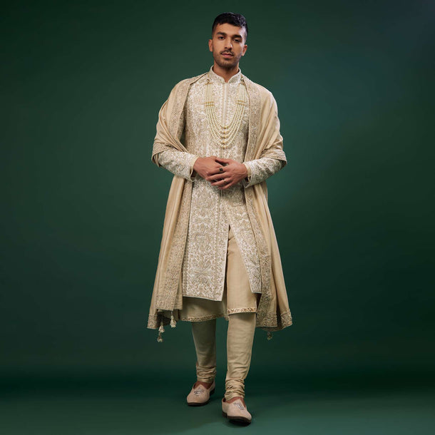 Beige White Embroidered Raw Silk Sherwani Set