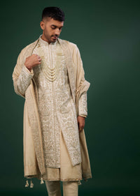 Beige White Embroidered Raw Silk Sherwani Set