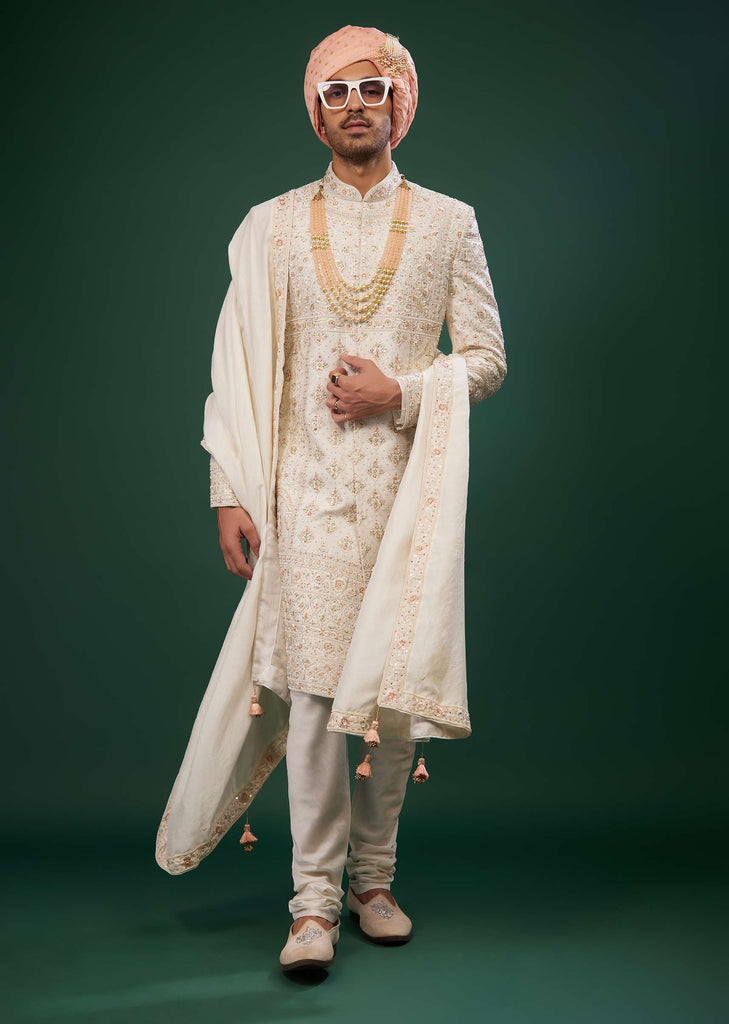 Ivory White Embroidered Sherwani Set In Raw Silk