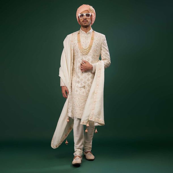 Ivory White Embroidered Sherwani Set In Raw Silk