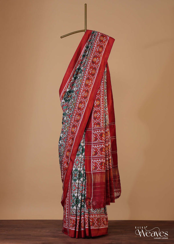 Pearl White Handloom Double Ikat Patola Saree In Linen With An Unstitched Blouse