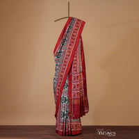 Pearl White Handloom Double Ikat Patola Saree In Linen With An Unstitched Blouse