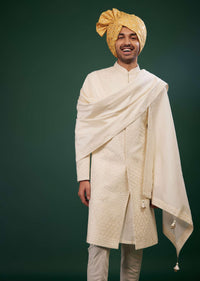 Pearl White Sherwani Set Embroidered In Raw Silk