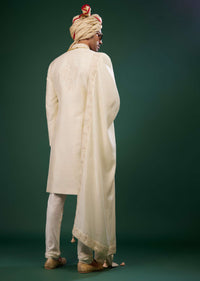 Pearl White Sherwani Set With Embroidery In Raw Silk