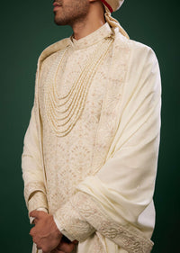 Pearl White Sherwani Set With Embroidery In Raw Silk