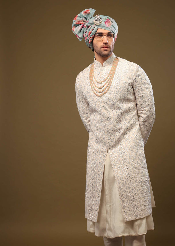 Pearl White Silk Sherwani Set With Exquisite Zari And Sequin Embroidery