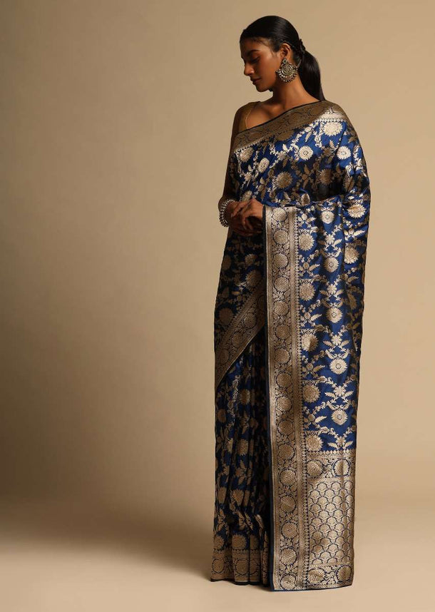 Egyptian Blue Banarasi Saree In Pure Handloom Silk With Woven Floral Jaal And Floral Border Along With Unstitched Blouse Piece