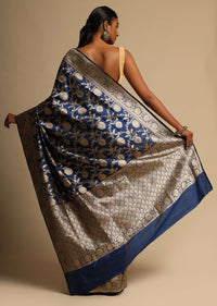 Egyptian Blue Banarasi Saree In Pure Handloom Silk With Woven Floral Jaal And Floral Border Along With Unstitched Blouse Piece