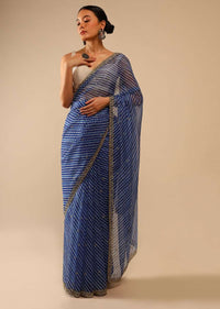 Egyptian Blue Saree In Organza With Lehariya Print And Hand Embroidered Border With Beads And Sequins Work Online - Kalki Fashion