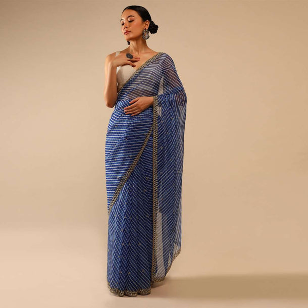 Egyptian Blue Saree In Organza With Lehariya Print And Hand Embroidered Border With Beads And Sequins Work Online - Kalki Fashion